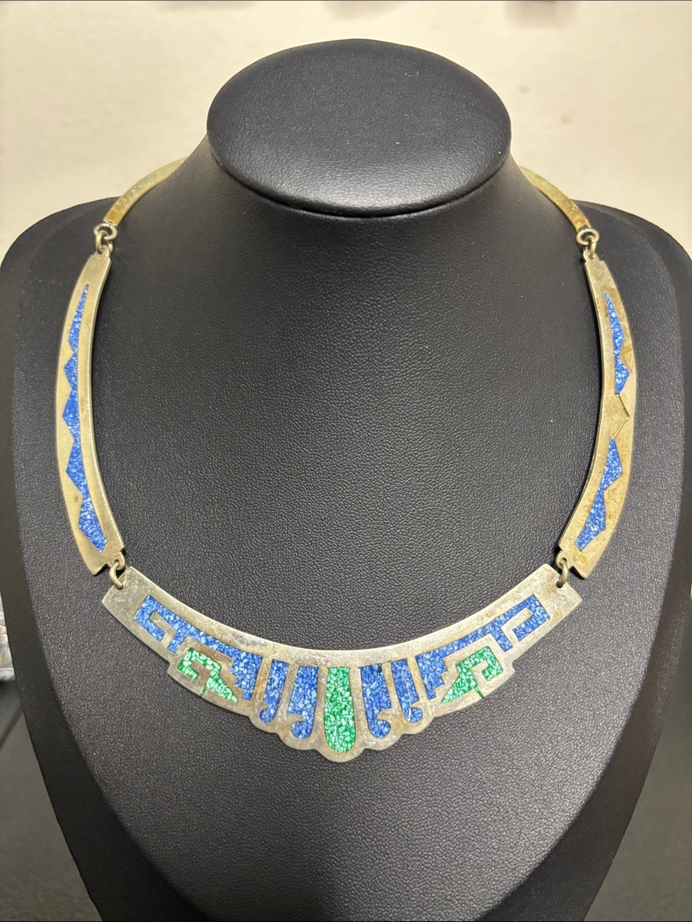 Alpaca Mexico Gold-Tone Blue & Green Enamel Art Deco Necklace